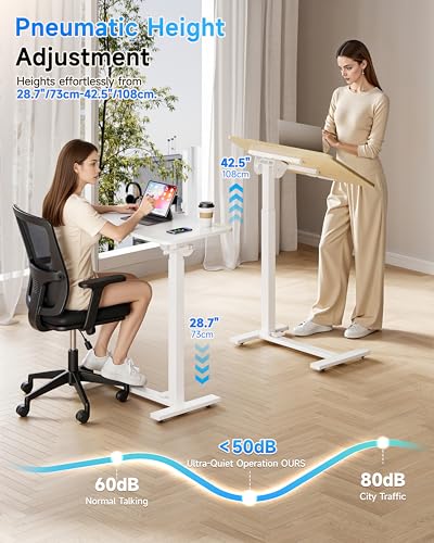 BIZUM Mobile Standing Desk Laptop Desk Pneumatic with Wheels 180° Tilt Top Hospital Bed Table Portable Rolling Cart Foldable Bedside Table for Hospital&Home Use, Maple - color: Maple