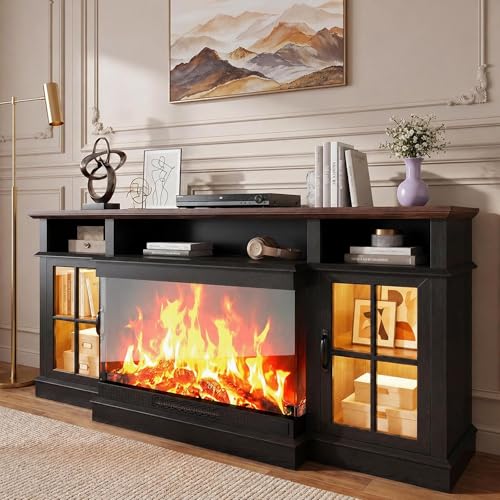 70" Fireplace TV Stand, 3 Sided Glass Modern Entertainment Center for TVs Up to 80”, TV Console with Storage Cabinets, Media Console for Living Room, Black TV Stand and Black Electric Fireplace - color: Black, size: 70-inch