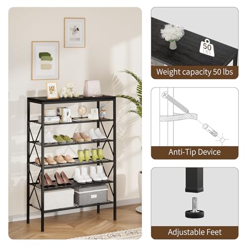 6 Tiers Shoe Rack, Large Capacity Shoe Rack Holds 32 Pairs of Shoes, Durable and Stable, Adjustable Metal Shelf Stackable Shoe Shelf for Entryway, Hallway, Living Room, Closet - color: Black, size: 27.8" x 10.8" x 39.2"