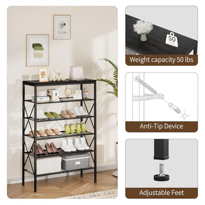 6 Tiers Shoe Rack, Large Capacity Shoe Rack Holds 32 Pairs of Shoes, Durable and Stable, Adjustable Metal Shelf Stackable Shoe Shelf for Entryway, Hallway, Living Room, Closet - color: Black, size: 27.8" x 10.8" x 39.2"