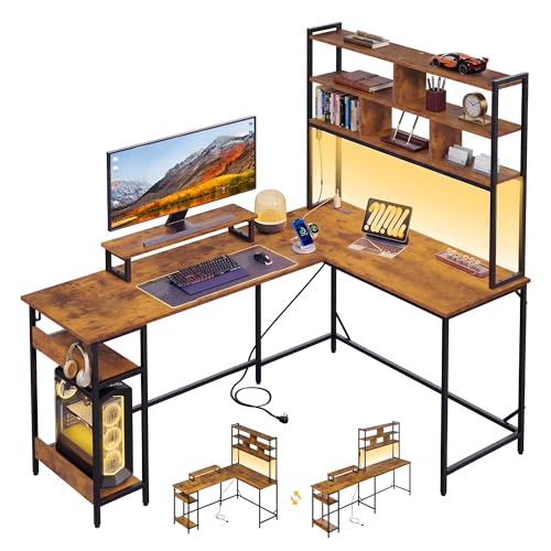 DEVAISE 66 Inch L Shaped Gaming Desk with Drawers and Storage, Corner Desk with LED Lights, Power Outlets, Computer Desk with Monitor Stand, Office Desk for Home, with Hutch, Rustic Brown - color: Rustic Brown, size: 66 Inch with Hutch