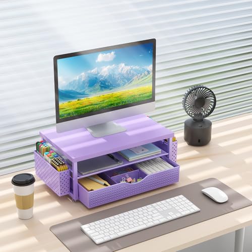 gianotter Desk Organizers and Accessories, Monitor Stand with Drawer and 2 Pen Holder, Desktop Organizer Suitable for Offices and Dormitories (Purple-Plain) - color: Purple-Plain