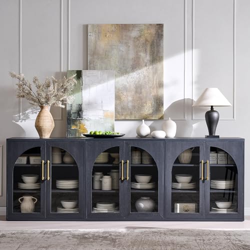 Glass Arched Door Sideboard Buffet Cabinet Set of 2, Black | Modular, Multi-Compartment Storage, Adjustable Shelf, Soft Close Hinges, Freestanding, for Dining Room, Living Room - color: Black
