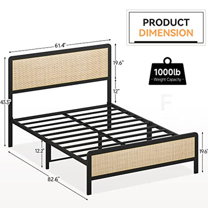 IDEALHOUSE Rattan Queen Size Bed Frame with Natural Rattan Headboard, Cane Boho Queen Size Platform Bed Frame,Natural Bed Frame No Box Spring Needed, Noise-Free, Easy Assembly(Black)
