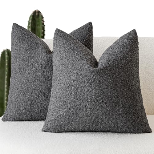 Foindtower Set of 2, Decorative Textured Boucle Throw Pillow Covers Accent Solid Pillow Cases Neutral Soft Cozy Couch Cushion Case for Chair Sofa Bedroom Living Room Home Decor 16 x 16 Inch Dark Grey - color: Charcoal, size: 16" x 16" (Pack of 2)