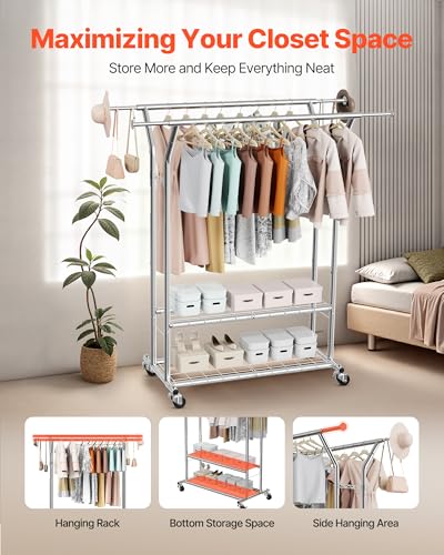VEVOR Clothes Rack, Rolling Clothing Garment Rack, Extendable Carbon Steel Clothing Racks with Wheels for Bedroom, Laundry, Living Room - style: Modern