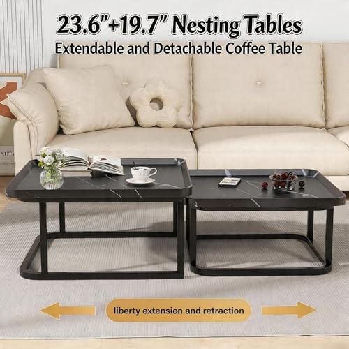 Nesting Coffee Table Set of 2 – Square Small Coffee Tables for Living Room, Bedroom, Balcony, Versatile End Table Set,Space Saving Mid Century Modern Nesting Coffee Tables Stackable, - color: Black