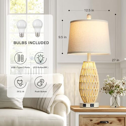 CINSARY 27“ Beige Rattan Table Lamps with Night Light, Boho Bedside Lamps Set of 2, Woven Wicker Bedroom Lamp for Nightstand with USB A+C Charging Port & AC Outlet, Tall Coastal Living Room Lamp - color: Beige