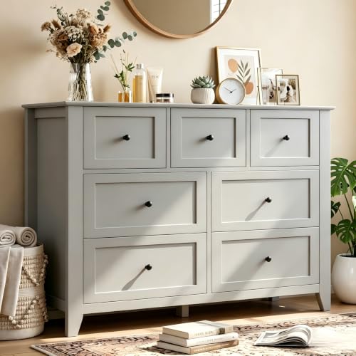Garvee Grey 7-Drawer Dresser for Bedroom, 54" Entryway Storage Organizer | Modern Lacquered Chest of Drawers for Bedroom, 15.8"D x 54"W x 31.5"H, MDF - color: Grey, size: 15.8"D x 54"W x 31.5"H (7 Drawers)