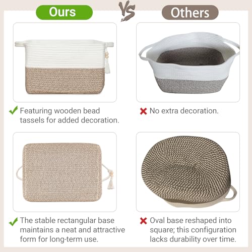 Mkono Woven Storage Basket, Cube Cotton Rope Basket for Shelves, 13"x10"x9" | Organizes Shoes Clothes Toys Towels Books, Gift Basket, Wooden Beads Tassel, Rectangle Bin, Fits Entryway Bedroom Living Room - color: Brown and White