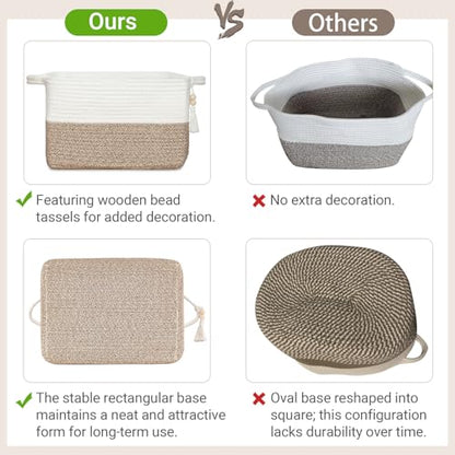 Mkono Woven Storage Basket, Cube Cotton Rope Basket for Shelves, 13"x10"x9" | Organizes Shoes Clothes Toys Towels Books, Gift Basket, Wooden Beads Tassel, Rectangle Bin, Fits Entryway Bedroom Living Room - color: Brown and White