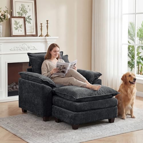 46'' Oversized Chaise Lounge with Ottoman, Cloud Oversized Accent Sofa Chair with Detachable Headrest, Double Thicked Cushion Lounge Armchair for Living Room, Bedroom, Dark Grey - color: Dark Grey, size: Chaise Lounge Chair