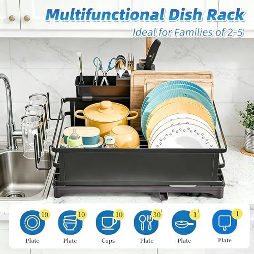 Simple Trending Dish Drying Rack for Kitchen Counter, 12" D x 16" W, Black | Stainless Steel Dish Rack for Kitchen Counter, Dish Drainer with Cutlery & Cup Holders, Anti-Rust, Counter Space Saving - size: 11.7"D x 16.5"W x 6"H