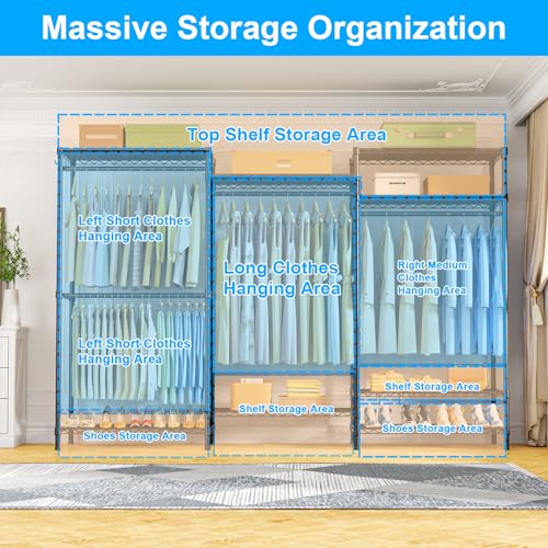 E13 Pro Heavy Duty Clothes Rack（With 4 Hanger Rods & 8 Shelves） Freestanding Clothing Racks for Hanging Clothes，Adjustable Closet，Metal Garment Rack 75" W x16 D x77 H，Max Load 1000LBS，Black - color: Black, size: E13 Pro