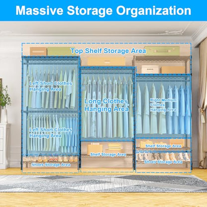 E13 Pro Heavy Duty Clothes Rack（With 4 Hanger Rods & 8 Shelves） Freestanding Clothing Racks for Hanging Clothes，Adjustable Closet，Metal Garment Rack 75" W x16 D x77 H，Max Load 1000LBS，Black - color: Black, size: E13 Pro