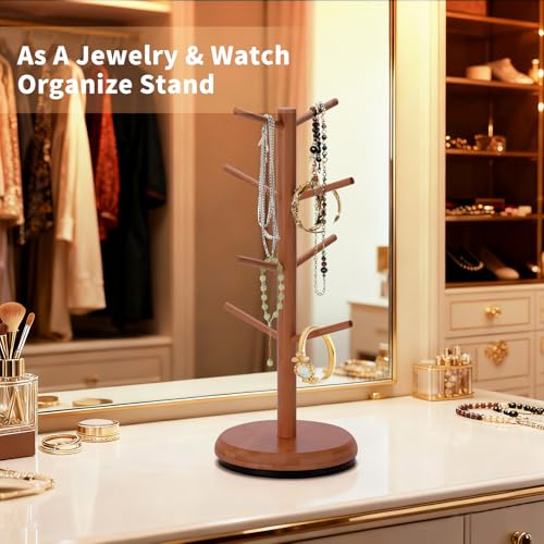 BAMBANG Mug Holder, 360° Rotating Mug Tree Holds 8 Coffee Cups, Space Saving Mug Stand with Stable Base for Kitchen Coffee Bar - color: Tea Brown