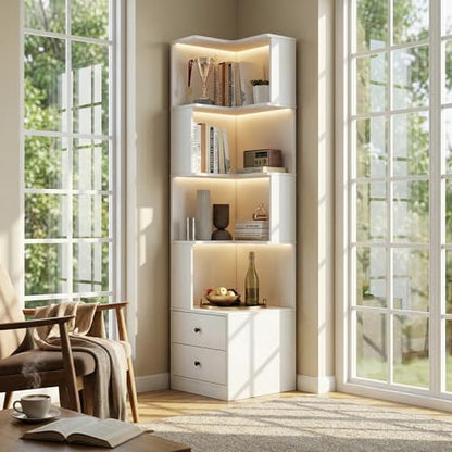 4 Tier Corner Bookshelf with Drawers, L Shaped Freestanding Corner Bookcase with LED Lights and Baffle, Space Saving Display Shelf for Living Room, Bedroom, Home Office, Kitchen(White) - style: White-with drawers