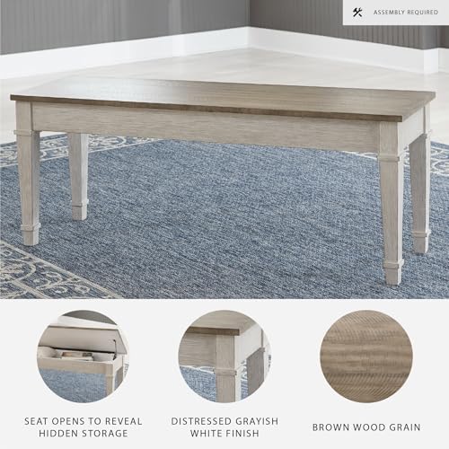 Signature Design by Ashley Skempton Farmhouse Storage Bench, Distressed Finish, Seat With Hidden Storage, Wood, 48" W x 15" D x 18.5" H, White & Light Brown