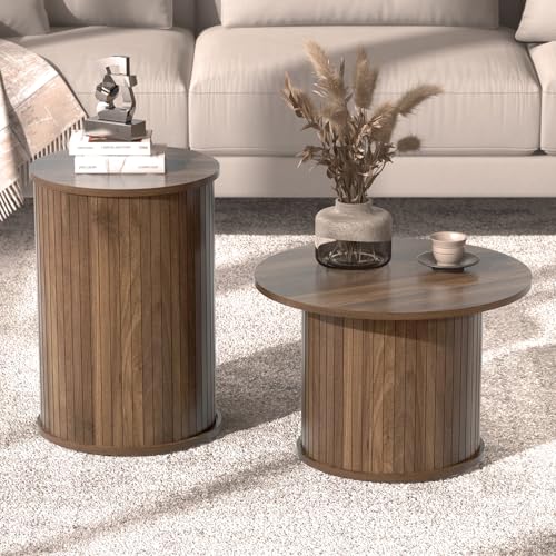 Set of 2 Round Nesting Coffee Tables for Living Room, Fluted Circle Walnut Wood Coffee and End Table Sets for Apartment, Small Spaces, Bedroom, Modern Style, Easy Assembly & Maintenance