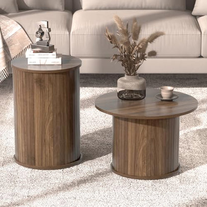 Set of 2 Round Nesting Coffee Tables for Living Room, Fluted Circle Walnut Wood Coffee and End Table Sets for Apartment, Small Spaces, Bedroom, Modern Style, Easy Assembly & Maintenance