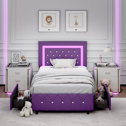 Twin Bed Frame with LED Lights and Diamond Tufted Headboard,Purple | Upholstered Bed with 2 Storage Drawers, Princess Platform Bed with Wooden Slats Support, No Box Spring Needed, Purple - color: Purple, size: Twin