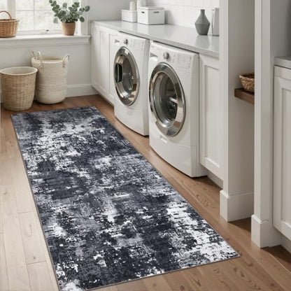 Sasttie 2x8 Runner Rug, Modern Abstract Hallway Rug, Black & White | Ultra-Soft Faux Wool, Machine Washable, Low Pile, Non-Slip, Thin, for Hallway, Entrance, Kitchen, Entryway & Laundry Room - color: Black & White, size: 2' x 8' (Rectangular)