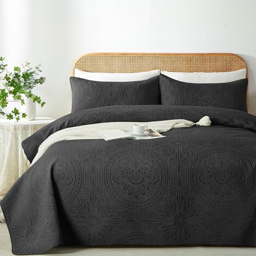 WURUIBO Twin Quilt Set Black,Ultrasonic Embossed Bedspread, Lightweight Microfiber Coverlet, Modern Thin Bedding Set for All Season, 2 Piece(1 Quilt,1 Pillow Shams) - color: Black, size: Twin(68"x88")