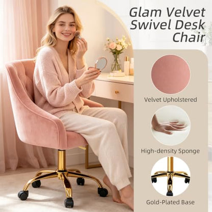 MOJAY Velvet Home Office Desk Chair, Vanity Chair with Wheels Pretty Fancy Gold 360°Swivel Height Adjustable Office Chairs for Girls Home Offices, Bedrooms, Living Room (Pink) - color: Pink