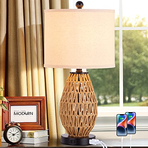 CINSARY Touch Control Rattan Table Lamp, 3 Way Dimmable Bedside Lamp for Bedroom with 2 USB Ports and AC Outlet, Wicker Nightstand Lamps for Living Room(LED Bulb Included), Rattan-1PK - color: Rattan-1PK