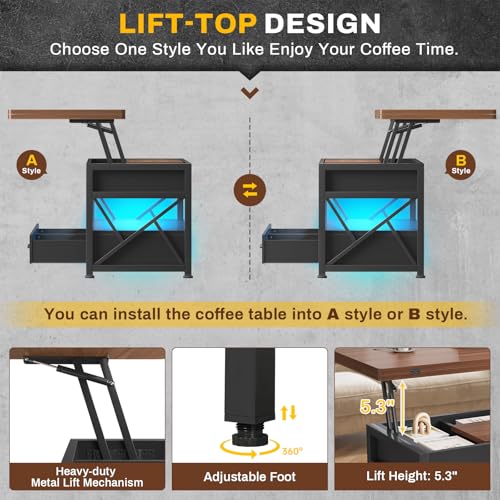 Itaar 40" Lift Top Coffee Table, 4 in 1 White Coffee Tables with Storage for Living Room, Small Coffee Table with 2 Drawers & LED Light for Dining Room, Black+Brown - color: Black+brown