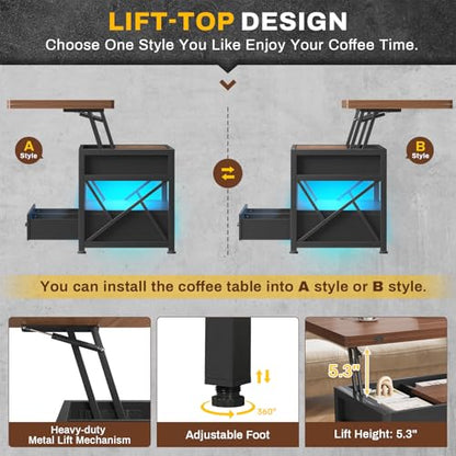 Itaar 40" Lift Top Coffee Table, 4 in 1 White Coffee Tables with Storage for Living Room, Small Coffee Table with 2 Drawers & LED Light for Dining Room, Black+Brown - color: Black+brown