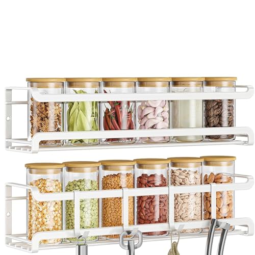 Bunoxea Spice Rack Wall Mounted 2 Pack, White,For Spice Jars & Seasonings | 2 Removalble Hooks,Screw or Adhesive Hanging, Space-Saving,For Kitchen Cabinet, Pantry Door,Stove,RV Use,11.41x2.75x2.75in - color: White, size: 2Pack