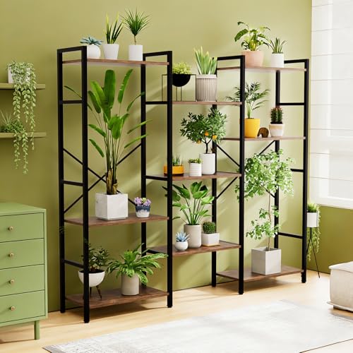 GRUSIGN Triple 4 Tier Book Shelf, Modern Bookcase Shelf, Freestanding Large Display Shelves for Living Room/Office/Garage, Stable Large Bookshelf with Storage for Books/LEGO/Plants, Rustic Brown - color: Brown