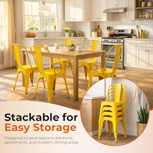 Metal Dining Chairs Set of 4 Daisy Yellow | Yellow Industrial Stackable Chairs Suitable for Indoor Outdoor Dining Room Kitchen Restaurant Cafe - color: Daisy Yellow
