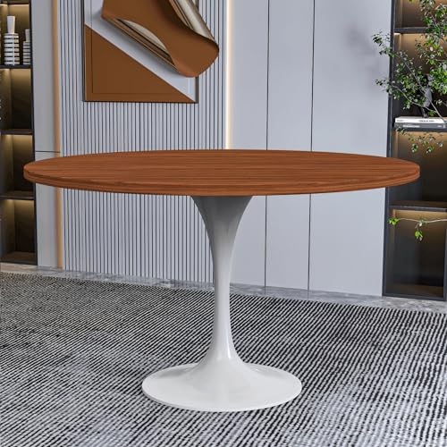 LeisureMod Verve Mid-Century Modern Dining Table with a 48" Round MDF Tabletop and White Steel Pedestal Base for Kitchen and Dining Room (Cognac Brown) - color: Cognac Brown Wood, size: 48 inch Wide