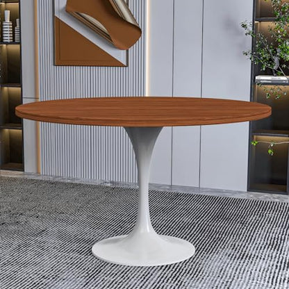 LeisureMod Verve Mid-Century Modern Dining Table with a 48" Round MDF Tabletop and White Steel Pedestal Base for Kitchen and Dining Room (Cognac Brown) - color: Cognac Brown Wood, size: 48 inch Wide
