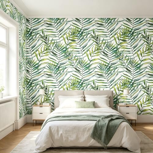 Tropical Watercolor Green Leaf Plants Peel and Stick | self adhesive Wallpaper - 96''x32'' - color: X10, size: 32" x 96"