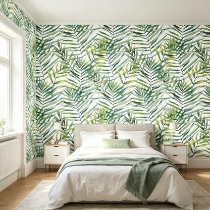 Tropical Watercolor Green Leaf Plants Peel and Stick | self adhesive Wallpaper - 96''x32'' - color: X10, size: 32" x 96"
