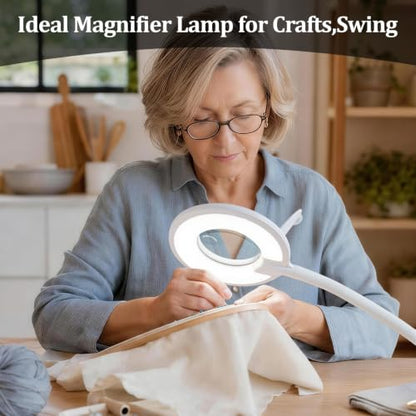 3X+6X Magnifying Glass with Light and Stand, Dimmable LED Magnifying Lamp | Flexible Gooseneck, Hands Free Magnifier, Magnification Lamp for Elderly Craft Hobby Painting Sewing Close Work,Weighted Base - color: White