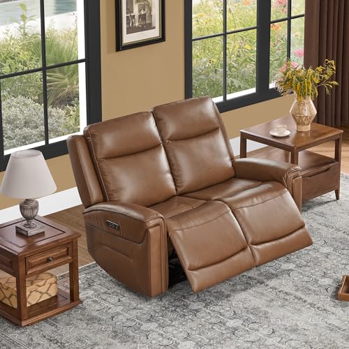 Watson & Whitely Reclining Loveseat Sofa with Power Headrest, Saddle Brown | Genuine Leather, Super Zero Gravity 2-Seat Recliner Couch for Living Room Home Theater Seating - color: Saddle, size: Loveseat