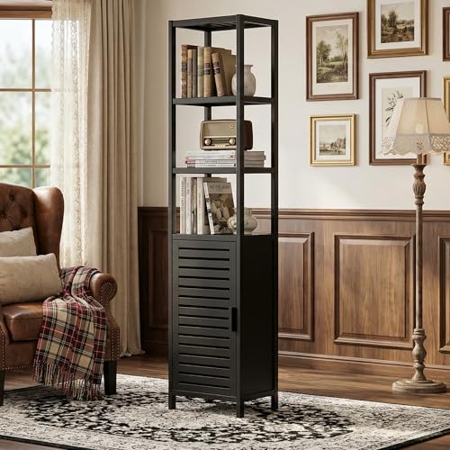 HITNET Bathroom Cabinet Freestanding, Tall Slim Bamboo Storage Cabinet with Single Door and Open Shelves, Space Saving Kitchen Cupboard Organizer, Black - color: Black