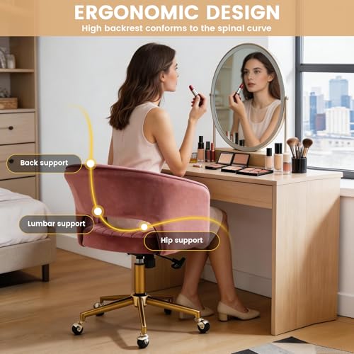Vanity Chair with Back 360 Swivel Armchair and Gold Base, Criss Cross Chair with Wheels for Vanity Home Office, Living Room, Bedroom and Study (Pink) - color: Pink