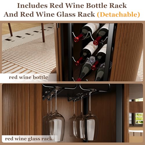 Wildhome Round Dining Table for 2-3, 31 Inch Dining Room Kitchen Table with 2-Tier Storage Shelf & Wine Rack, Modern Farmhouse Fluted Wood Slide Door Dinner Furniture,Circle(Non scalable-32 in) - color: Non-scalable-32 Inch-walnut