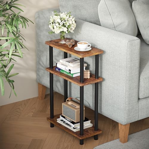 Apicizon Small Narrow Side Table, 3-Tier Skinny End Table, Brown and Black | Sofa Side Table, Slim End Table, Wood Storage Shelf, Slim Nightstand Bedside Table for Narrow Spaces, Living Room, Bedroom - color: Rustic Brown and Black, style: Narrow Side Tab