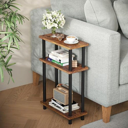 Apicizon Small Narrow Side Table, 3-Tier Skinny End Table, Brown and Black | Sofa Side Table, Slim End Table, Wood Storage Shelf, Slim Nightstand Bedside Table for Narrow Spaces, Living Room, Bedroom - color: Rustic Brown and Black, style: Narrow Side Tab
