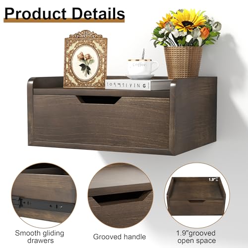 Floating Nightstand, Bedside Shelf Wall Mounted, Small Modern Floating Shelf Nightstand with Drawer, Floating Bedside Table Wall Shelf for Bedroom, Bathroom (Pine Wood)