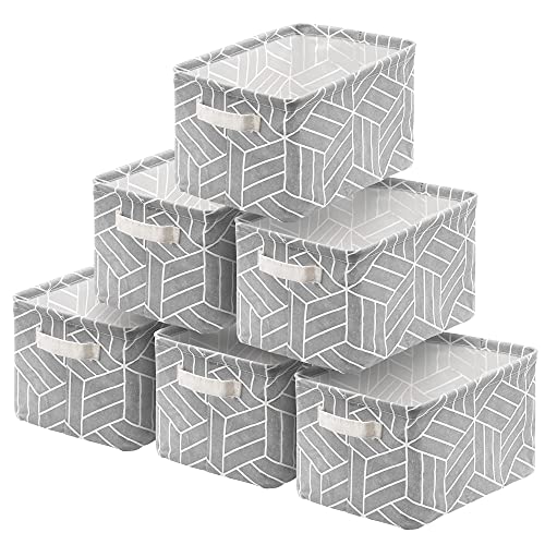 CROWNED 6 Pcs Storage Basket Foldable Cube Fabric Bins Square Mini Box Receive Organizer Rectangle Canvas with Handles for Home Office Books Small 11x8x6.3 inch Grey | 11x8x6.3 inch Square Mini Box Receive Organizer, Small Rectangle Canvas with Handles, F