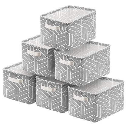 CROWNED 6 Pcs Storage Basket Foldable Cube Fabric Bins Square Mini Box Receive Organizer Rectangle Canvas with Handles for Home Office Books Small 11x8x6.3 inch Grey | 11x8x6.3 inch Square Mini Box Receive Organizer, Small Rectangle Canvas with Handles, F