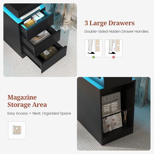 Narrow Nightstand Charging Station, End Table with Sliding Top, 3 Drawers Bedside Tables for Living Room Bedroom, Night Stand for Small Space (Black)