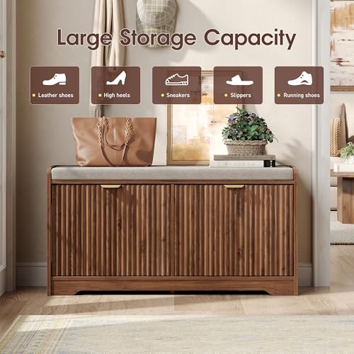 Maupvit 39.4" Fluted Shoe Bench with Storage, Narrow Entryway Bench, Walnut | with Removable Seat Cushion & 2 Flip-Drawers, Shoe Cabinet Bench, Boho Hidden Shoe Rack for Entrance, Hallway, Living Room - color: Walnut